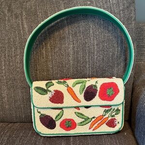 STAUD Cream Beaded Tommy Vegetable-Embroidered Shoulder Bag with Green Trim